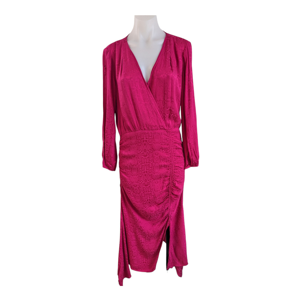 Krisa Sz Medium Surplice Sheath Dress Pink Front Slit Ruched V Neck Long Sleeve